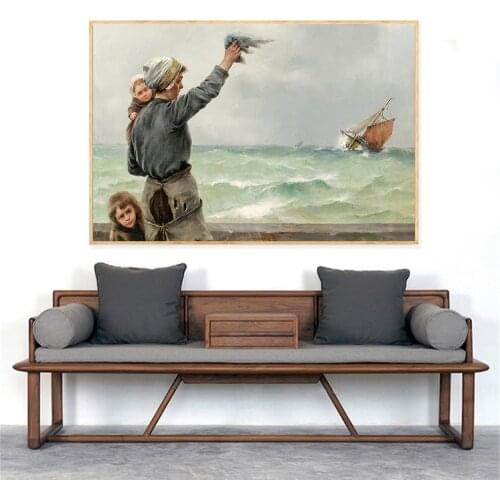 August Hagborg Wall Pictures for Living Room Decoration Sea Sailboat Sailing Peace Abstract Oil Painting Mother Child Fisherman