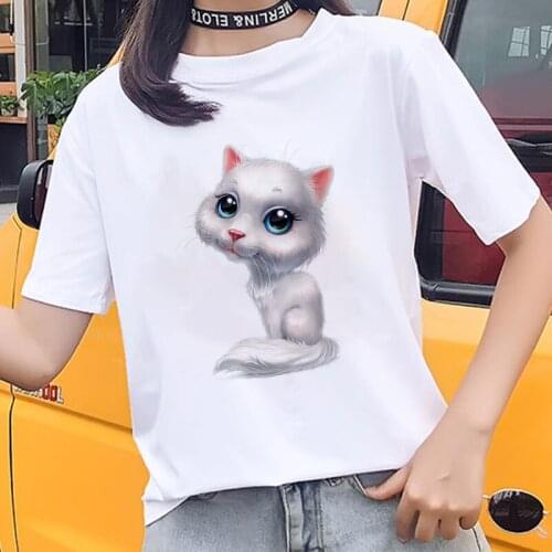 New Cute funny kitten picture printing Tshirt Casual Harajuku Women T-Shirt Summer white Short sleeve Casual Clothes T shirt