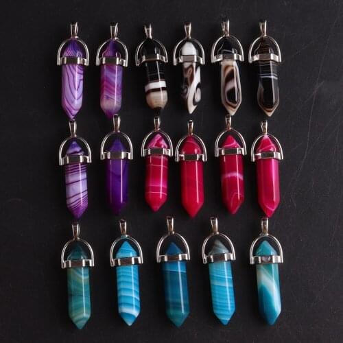 24pcs Natural Striped Agates Stone Healing Point Pendant Pillar Bullet Charms Chakra Pendulum For Jewelry Making Necklace