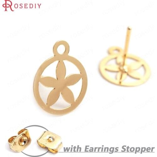 35228)10PCS 11.5MM 24K Gold Color Brass Hollow Round Flower Stud Earrings High Quality Diy Jewelry Findings Accessories