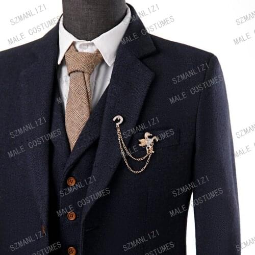 SZMANLIZI Winter Navy Blue Wool Tweed Tailor Made Business Men Suits For Wedding 3 Piece Herringbone Retro Formal Groom Tuxedo