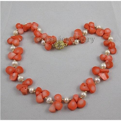 Unique Pearls jewellery Store,White Color Real Freshwater Pearls Pink Corals Necklace Rhinestone Magnet Clasp