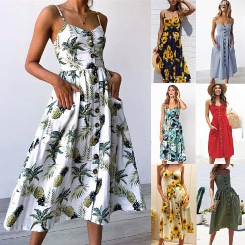 Vintage Floral Print Midi Sundress Female Casual Button Backless Polka Dot Striped Women Dress Summer 2021 Boho Sexy Beach Dress