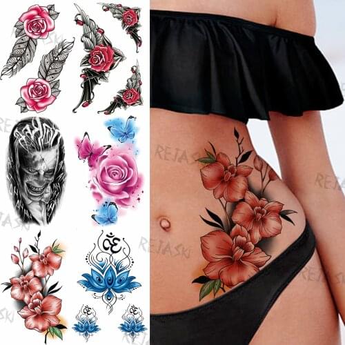 DIY Lily Flower Temporary Tattoos For Women Men Henna Feather Rose Lotus Flower Butterfly Fake Tattoo Clown Waterproof Tatoo Big