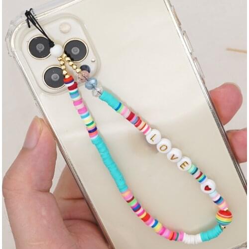 2021 New Chic Cute Simple Letter Soft Pottery Pearls Beaded Chain for Mobile Phone Strap for Women Girls Jewelry Gifts