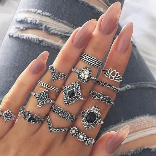 15pcs/set Boho Midi Finger Rings Set for Women Punk Biker Crystal Flower Hollow Vintage Geometric Finger Knuckle Rings Jewelry