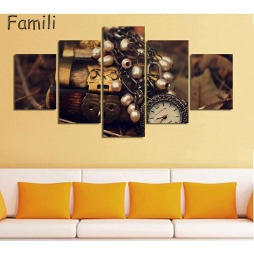 5pcs Canvas Poster Vintage Pocket Clock Time Minute Watch Elegant Style Ancient Map Still Life Room Home Wall Modern Art Decor