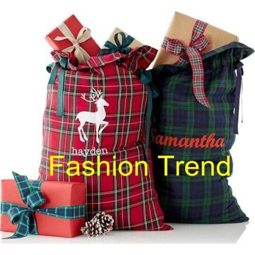 50pcs/lot Christmas day gift decoration santa gift bags wholesale plaid santa sack high quality soft polyester hot selling bags