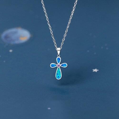 Ayowei Crystal Jewelry maxi necklace Cross design Blue Fire Opal Silver Stamped Pendants Purple Crystal Fashion jewelry OPS571A