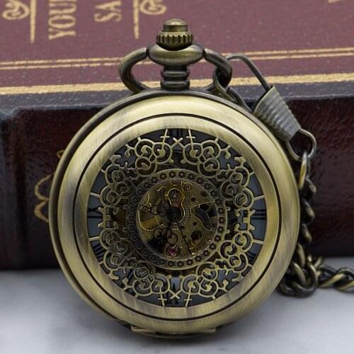 Mens Mechanical Pocket Watch Classic Skeleton Hand Winding Chain Clock Male Retro Bronze Hollow Case for Men Women PJX1324