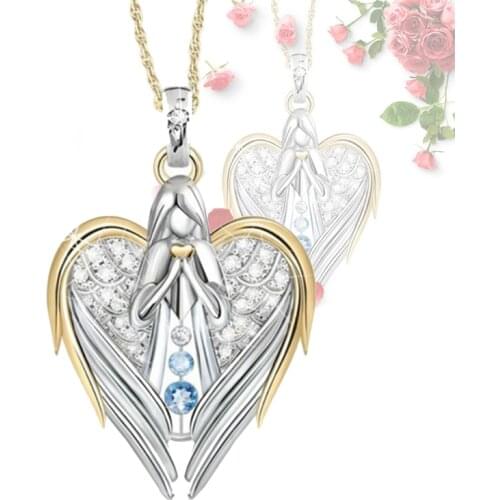 Imitation Rhinestone Human-Shaped Angel Necklace Fashion Women Gifts Prayer Two-Tone Pendant