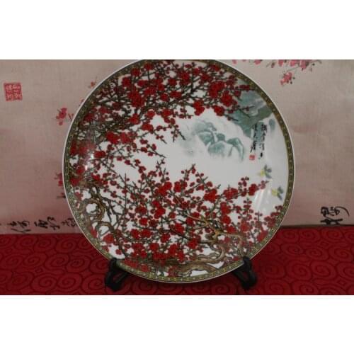 Exquisite Chinese Porcelain Hand Painted Red Plum Flowers Decorative Plate