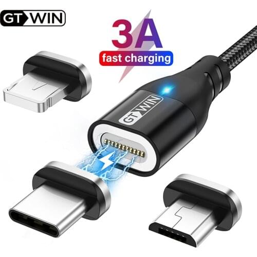 GTWIN 3A Fast Charging Magnetic Charger USB Cable for IPhone Samsung Xiaomi Phone Magnet Charge Cable Micro USB Type C Cable