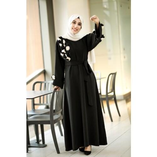 Kadın Siyah Ahenk Uzun Tesettür Abaya çiçekli