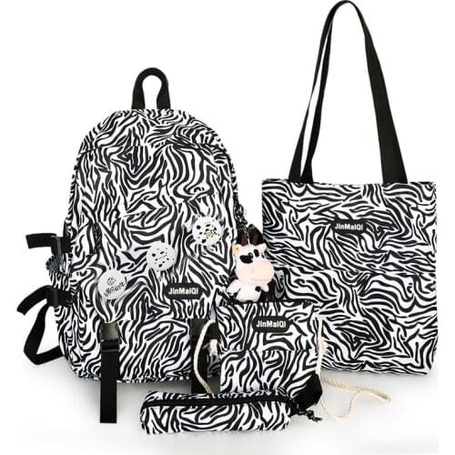 4-piece Set Cow Pattern Fashion Womens Backpack Nylon Waterproof Schoolbag For Girls Large-capacity Travel Bags