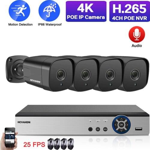 4K 25FPS Ultra HD POE Security Camera System Set H.265 4CH NVR Kit 8MP Outdoor Black CCTV Video Surveillance Camera System Kit