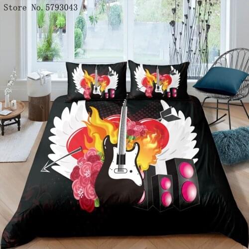 2/3 Pieces Cartoon Guitar Bedding Set 3D Print Musical Instrument Duvet Cover Home Kids Gift Bed Quilt Cover Pillowcase(No Sheet