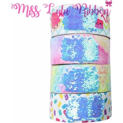 3"75mm Ice Cream Pink Galaxy Gradient Color Cupcake Dessert Double Reversible Lt.Blue Sequin Ribbon Hair Band Making 46yards