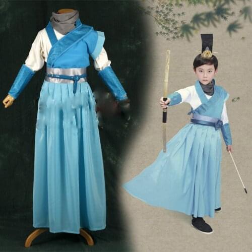 LingGongZi Sky Blue Swordman Costume Hanfu for Little Boy Childrens Day or Halloween Cosplay Hanfu