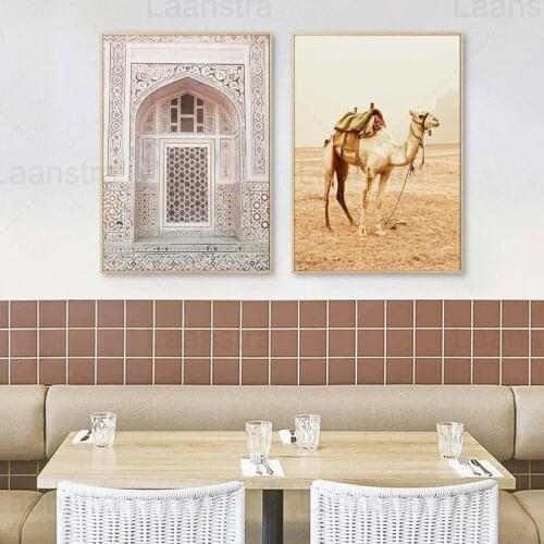 Morocco Door Desert Camel Landscape Poster Scandinavia Nature Scenery Wall Art Canvas Painting Modern Home Decor for Living Room