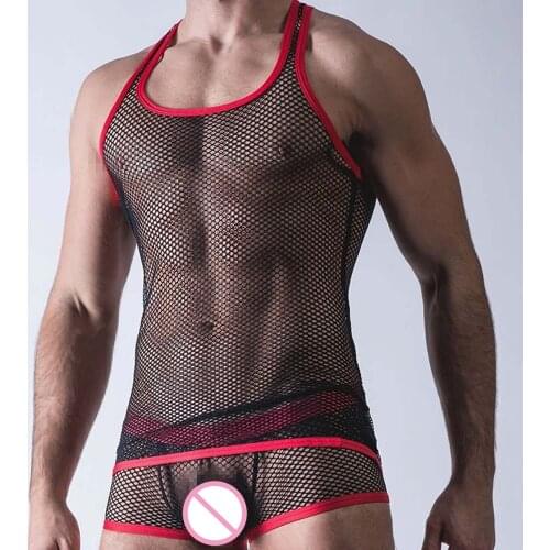 Man Sexy Fishnet Lingerie Undershirts Men Singlet Plaid Transparent Mesh Underwear Mens Vest Gay Clothes T-shirt Club Wear