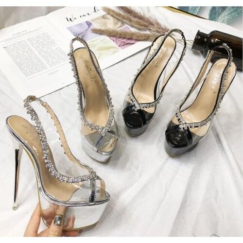 Fashion woman summer PVC rhinestones tassel high platform sandal woman peep toe PVC crystal high platform sandal silver black