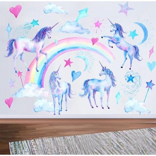 Unicorn Wall Stickers for Kids Rooms Bedroom Living Room ative Children Wall Decals Green Wallpaper Murals NEW YEAR