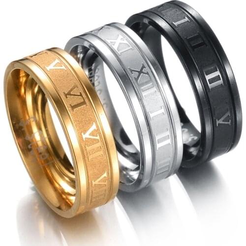 6 mm 316L Stainless Steel Wedding Band Ring Roman Numerals Gold Black Cool Punk Rings for Men Women Fashion Jewelry