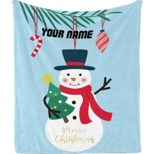 Custom Blanket with Name Text,Personalized Snowman Christmas Tree Super Soft Fleece Throw Blanket for Couch Sofa Bed