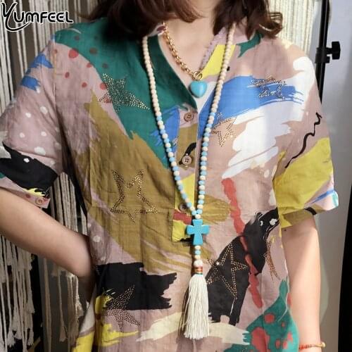 Yumfeel New Bohemian Jewelry Tassel Necklace Handmade Wood Beads Crystal Stones Cross Necklace Women