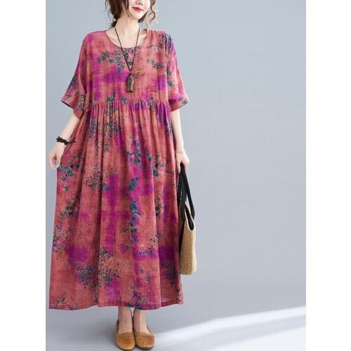 Print Floral Tie Dye Fashion Dress 2021 New Arrival Cotton Linen Loose Summer Dress Women Travel Casual Long Maxi Dress