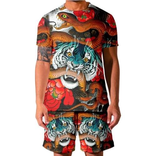 LCFA Casual Sportswear Red Tiger Snake Men Set Sporting Suits Short Sleeve Mens T-shirt Shorts Quick Drying 2 Piece Wholesale