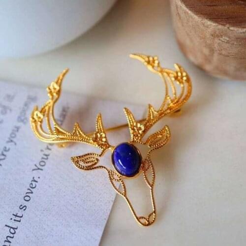 UBESTNICE 925 Sterling Silver Natural Blue Lapis Lazuli Fine Jewelry Gold Plated Hollow Lace Deer Head Antler Brooches For Women