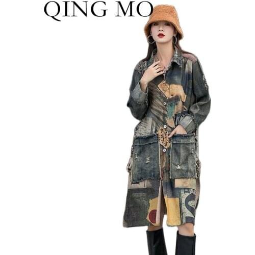 QING MO Autumn Fashion Retro Printing Stitching Denim Windbreaker Women 2021 New Loose Trend Big Pocket Long Coat Female ZWL1047