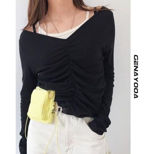 Genayooa V-neck Lace Up T Shirt Women Tops Long Sleeve 2021 Korean Sexy Black T-shirt Spring Autumn Women Clothes Harajuku