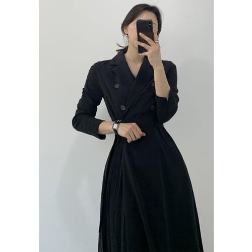 Korean One-Piece Pleated WomenS Dress 2021 Autumn New Elegant Simple Double-Breasted Waist Slimming Office Ladies' Midi Dresses
