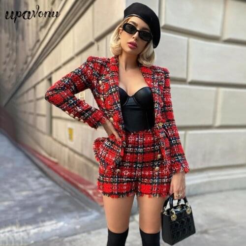 Free Shipping 2021 New Women Red Plaid Blazer Set Lapel Long Sleeve Slim Jacket & High Waist Shorts Two-piece Elegant Plaid Set