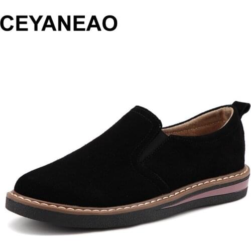 CEYANEAO2018New Autumn women flats shoes women slip on loafers suede Genuine Leather shoes handmade Round Toe boat shoesE1207