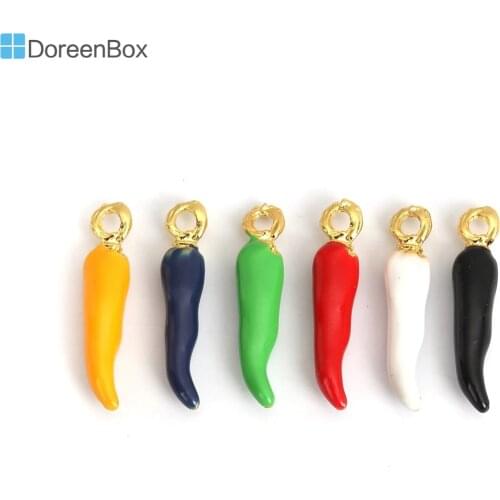 Doreen Box Chili Charms Enamel Pendants Vegetable Zinc Based Alloy Pendants Gold Plated for DIY Jewelry 20mm x 4mm, 10 PCs