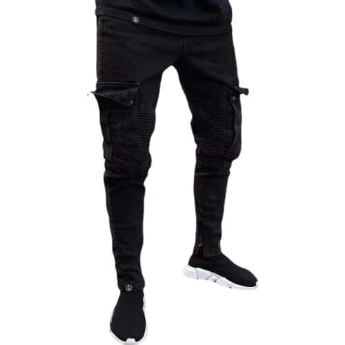 Elastic Fashion Mens Jeans Knee Hole Zipper Pencil Pants Solid Color Pockets Skinny Jeans Men Casual Black Jeans Men