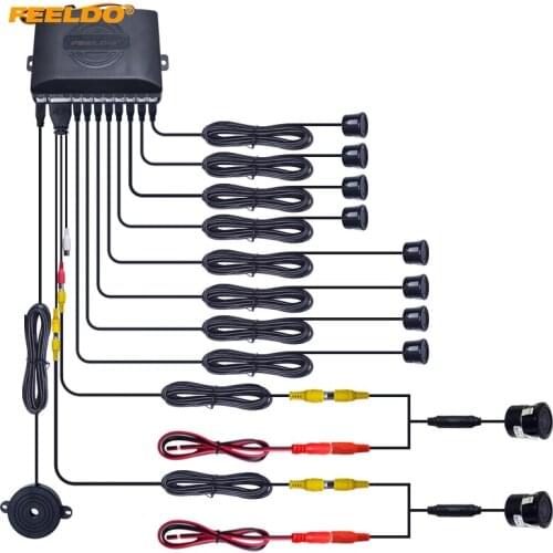 FEELDO 1Set Car 8-Sensor Parking Sensor + 2Pcs 18.5mm CCD Camera Dual Visual Rearview Video Parking Radar System #AM930