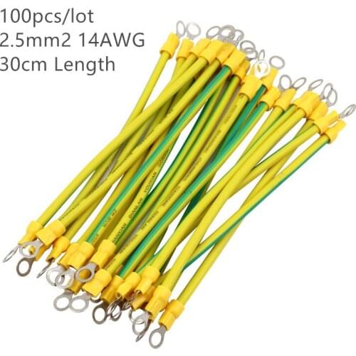 100pcs 30cm 14 AWG 2.5mm2 BVR Yellow-Green Solar Grounding Wire with Terminals Copper PV Cabinet Bridge Leakage Earth Cable