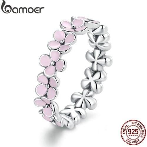 Bamoer S925 Sterling Silver Pink Wreath CZ Finger Rings for Women Engagement Wedding Finger Ring Statement Jewelry SCR681