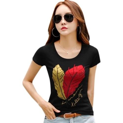 Summer short-sleeved cotton T-shirt women tees fashion feather diamond T-shirt ladies slim casual tops plus size T-shirt female