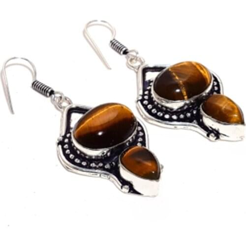 Tiger Eye , Silver Overlay on Copper Earrings ,55 mm , E4532