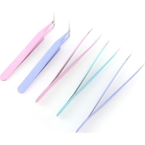 Fashion Stainless Steel Curved Straight Pink Green Eyebrow Tweezers Eyelash Extension Nail Art DIY Makeup Tools Lashes Tweezers