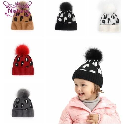 18*23 CM Fashion Warm Leopard Print Infant Hats with Pompoms Handmade Knitted Mohair Baby Girls Caps Outdoors Children Bonnets