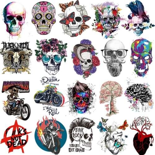 Punk Skull Iron On Transfer For Clothing Sticker Biker Patch Thermo-Stickers On Clothes DIY Hippie Stickers T-shirt Appliques