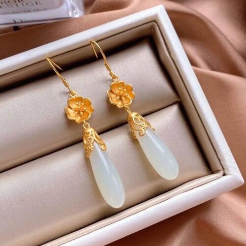 New SNew silver inlaid natural Hotan jade drop shaped earrings retro magnolia flower Chinese style classic charm womens jewelry