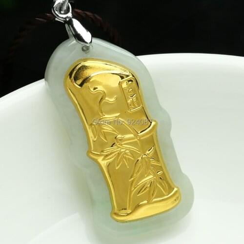 Natural a jade inlaid gold bamboo genuine jade pendant steadily high jade pendant female jade pendant